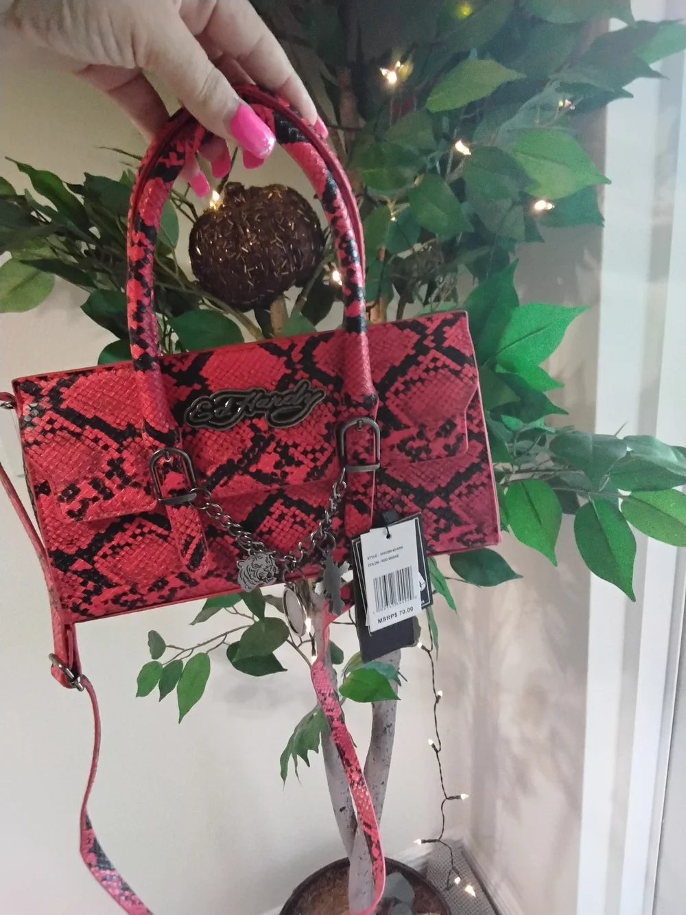 Ed Hardy Red Snake-Print Crossbody & Chaincharm